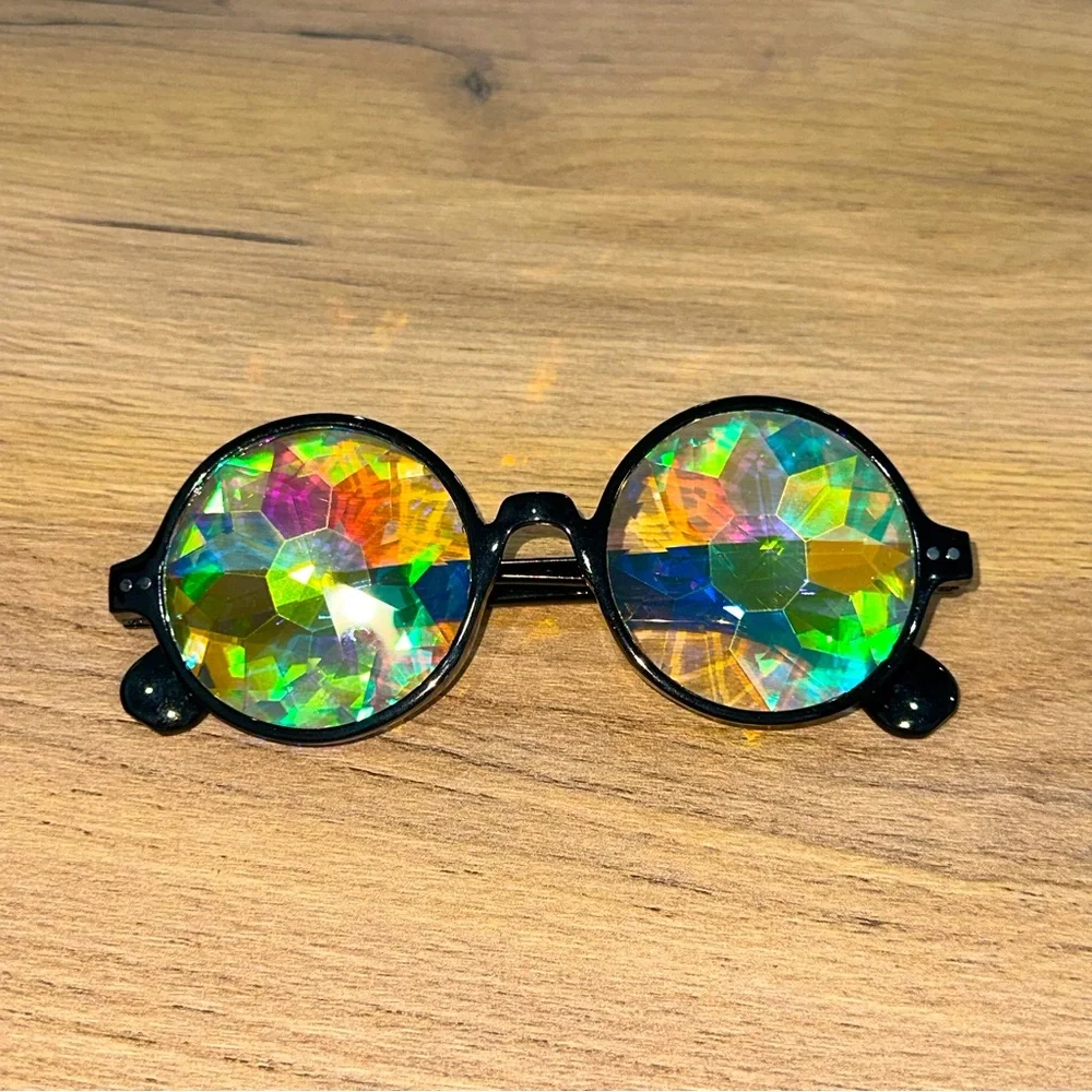 NWT black crystal kaleidoscopic refractive glasses rave PLUR festival - Picture 1 of 5